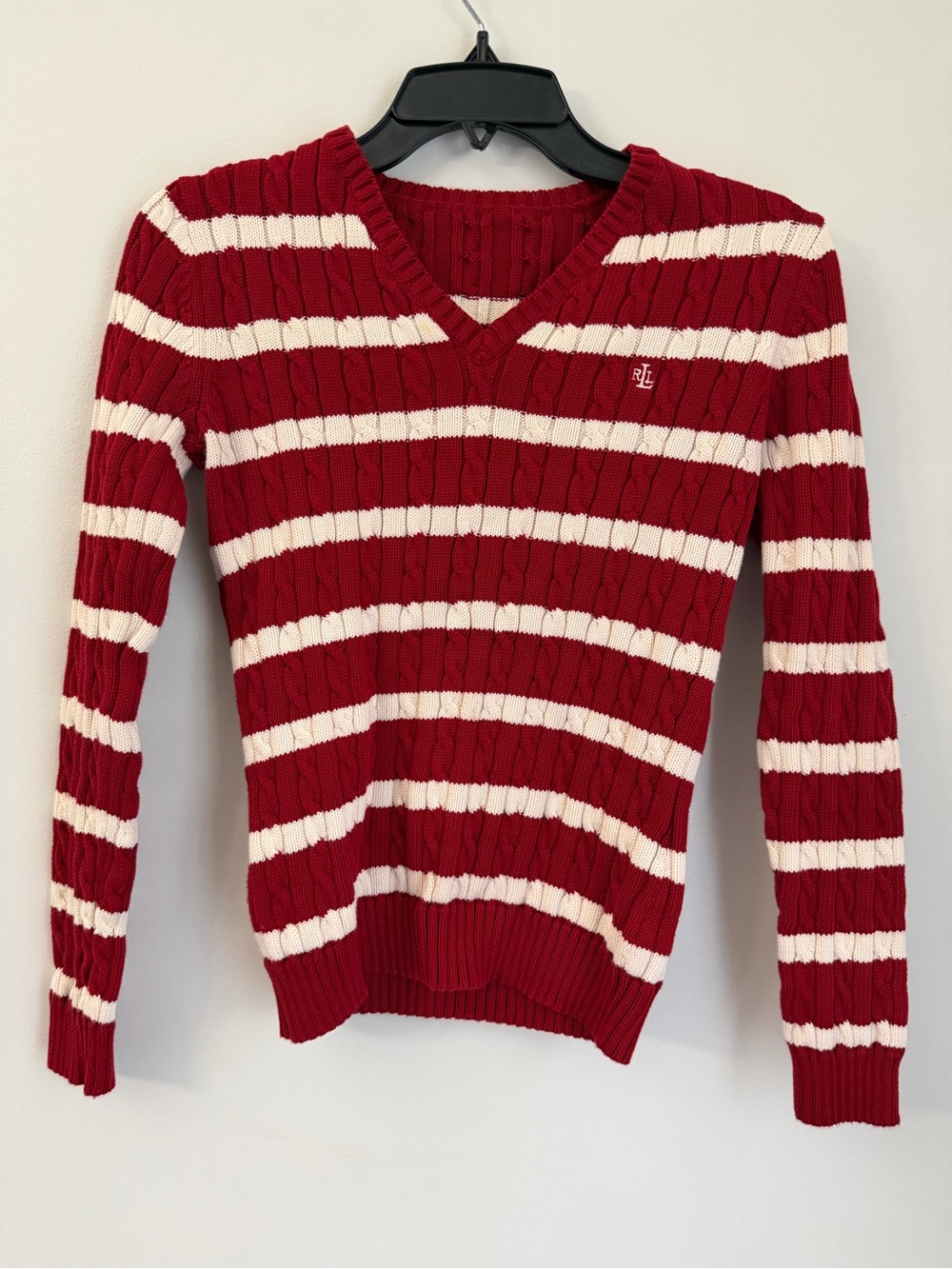 Lauren Ralph Lauren Pink/White Stripe V-Neck Cable Knit Sweater Women’s E019